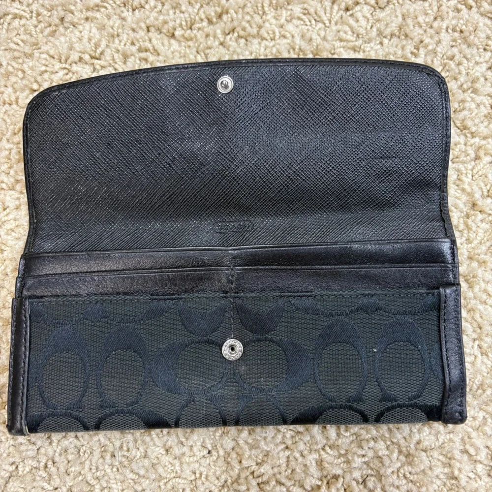 COACH Black Signature C Monogram‎ Leather Trim Trifold Wallet